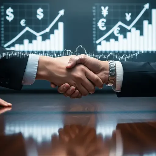 A close-up of a hand shaking another over a conference table, with deal screens and currency symbols faintly visible in the background