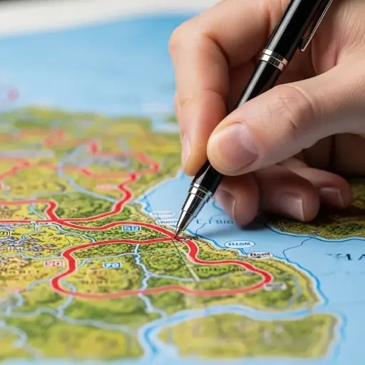 A close-up of a hand tracing a path on a glossy strategy map, edges crisp, the ink deliberate