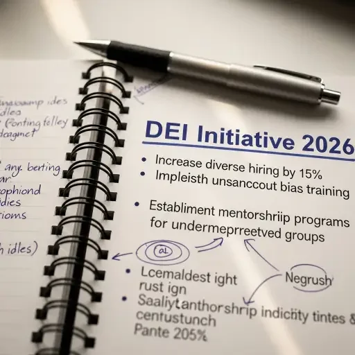 A close-up of a notebook open to a plan titled “DEI Initiative 2026” with margin notes and a bold underline