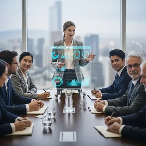 A closing photograph of a diverse board meeting, with a poised chair guiding a transparent, data-driven discussion