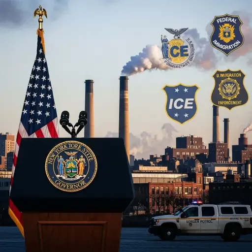 A composite collage showing a governor's podium, federal immigration enforcement symbols, and a factory skyline in New York