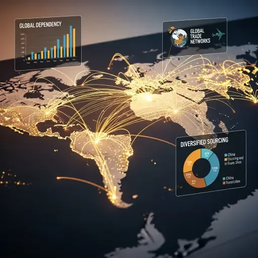 A composite image showing a map with supply routes lighting up from China to global markets, illustrating global dependency and diversified sourcing