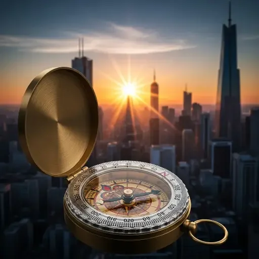 A concluding visual metaphor—a compass aligned with a rising sun over a cityscape, symbolizing direction, governance, and opportunity