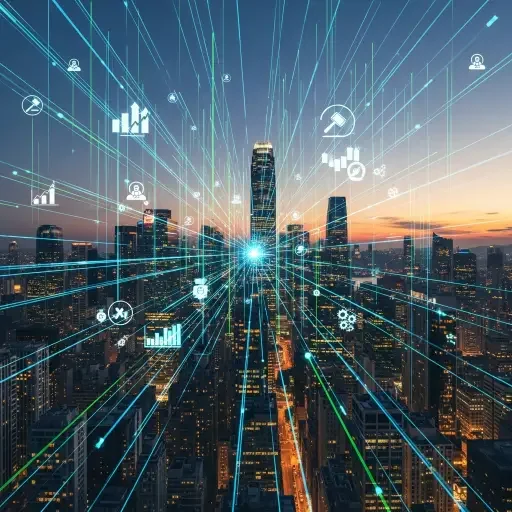 A crowded urban skyline under streaming data lines, suggesting the lattice of policy signals and market moves