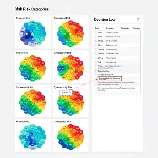 A dashboard showing heatmaps of risk categories beside a neatly organized decision log, illustrating coherence across layers