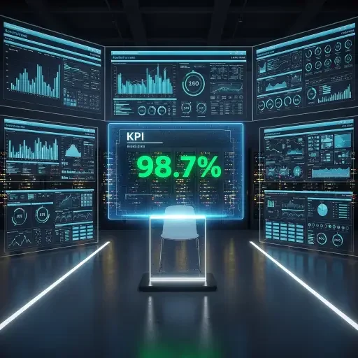 A data room with transparent dashboards and a single, prominent KPI in the center