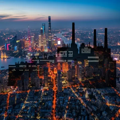 A drone-shot cityscape of Shanghai with a chip plant silhouette overlaid, signaling scale and geopolitical stakes