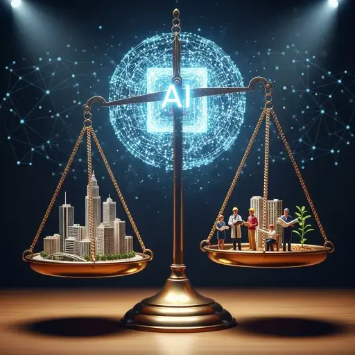 A final, symbolic image of a balanced scales weighing policy outcomes with a glowing AI core in the background