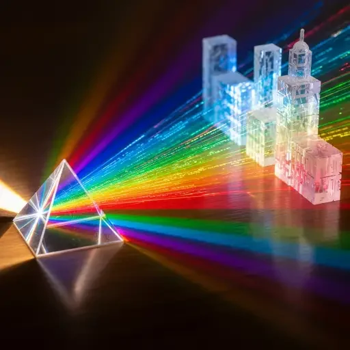A glass prism refracting light into a spectrum, symbolizing information shaping trust in governance