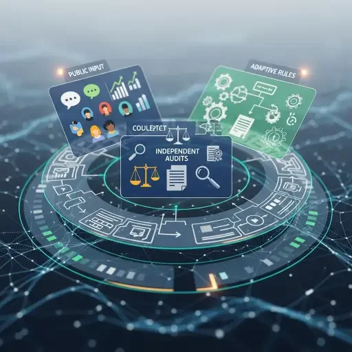 A governance overlay illustrating oversight layers: public input, independent audits, and adaptive rules