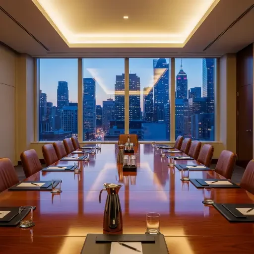 A grand boardroom table under soft light, with a city skyline visible through tall windows