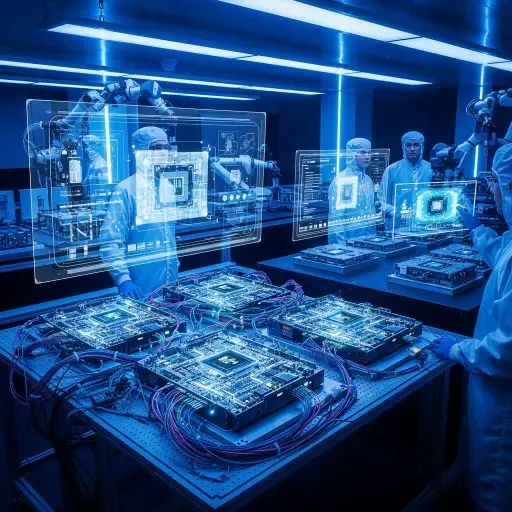 A high-end lab scene with AI chip modules on a testing bench and engineers nearby, illuminated by cool blue LEDs