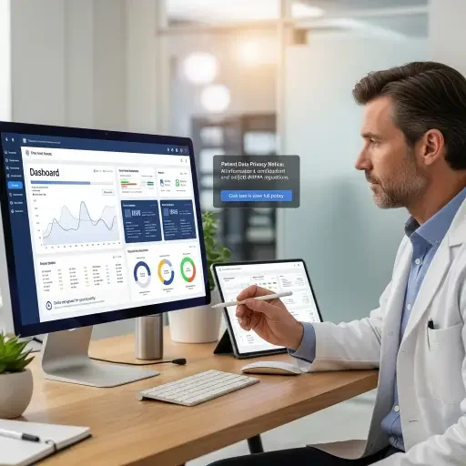 A physician reviewing a patient's digital health dashboard, with privacy notices subtly embedded in the UI