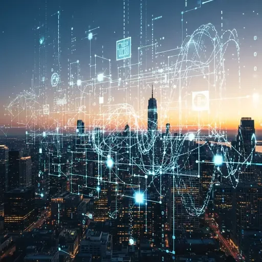 A skyline at dusk with data streams superimposed, suggesting a nation negotiating privacy in real time