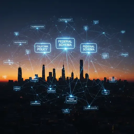 A skyline silhouette with a network of regulatory nodes tying state policies to a central federal schema