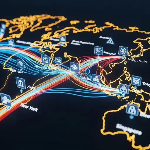 A stylized map of global capital flows tracing pathways from North America to Asia and Europe, overlaid with regulatory icons