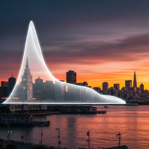 A sunset over San Francisco’s Embarcadero, with a charted resilience curve superimposed over the skyline