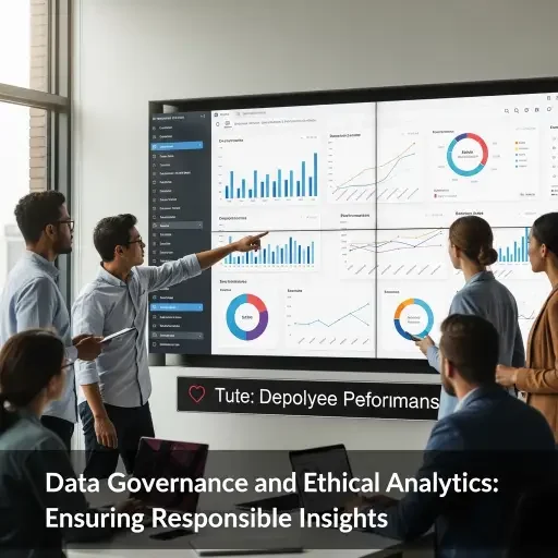 A team analyzing employee data on a large screen; the caption emphasizes data governance and ethical analytics