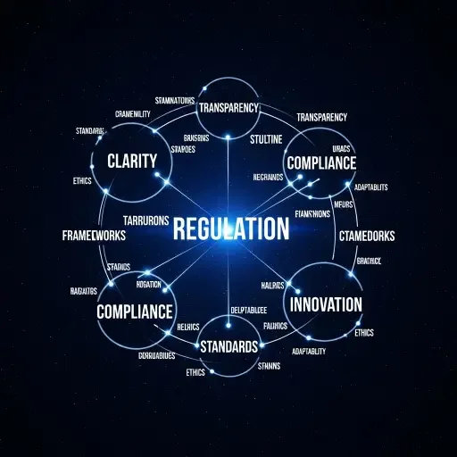 A typographic constellation of key terms—Regulation, Clarity, Compliance, Innovation—arranged like stars in a sky map