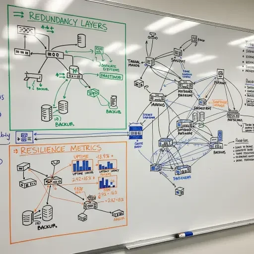 A whiteboard map of a network with overlays showing redundancy layers and resilience metrics
