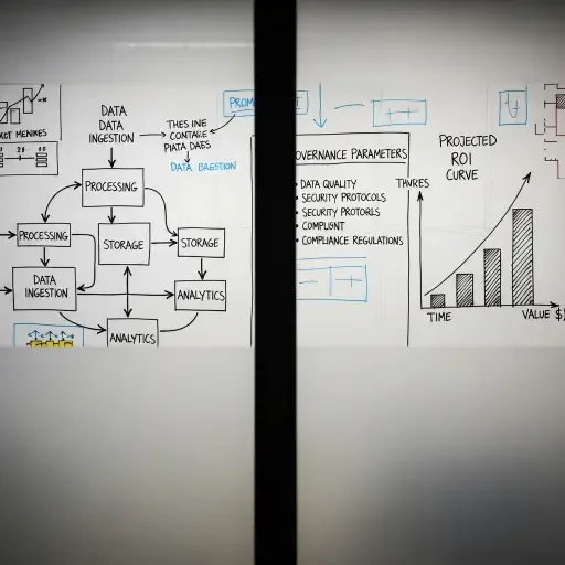 A whiteboard smeared with diagrams—data pipelines, governance parameters, and a projected ROI curve—visible through a translucent glass door