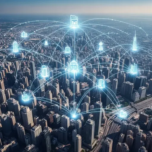 Aerial AI envisions a cityscape mapped by an invisible network, illustrating AI-guided policy coordination
