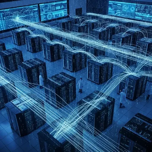 Aerial view of a busy hospital data center with streaming digital lines