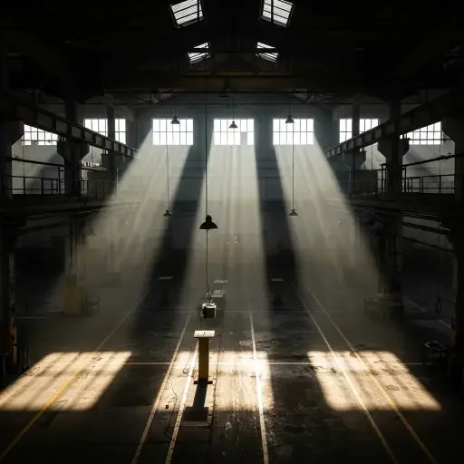 An empty factory floor with sunlight streaming through high windows, symbolizing potential and risk