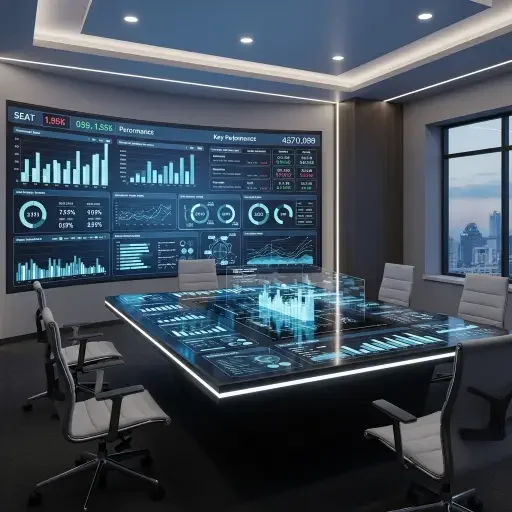 An executive briefing room with transparent dashboards and a wall of performance metrics