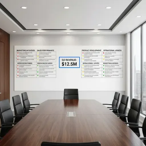 An executive briefing wall filled with concise bullets, color-coded by priority, with a single central KPI that anchors the room