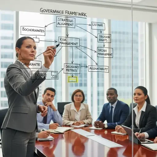 An executive consultant outlining a governance framework on a glass wall, with stakeholders watching intently
