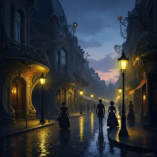Artistic rendering of a Belle Époque French street scene at twilight, with art nouveau architecture and dramatic lighting suggesting the aesthetic of Clair Obscur Expedition 33