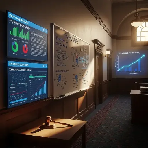 A courtroom corridor with policy dashboards; light catches on a gavel, a whiteboard of release metrics, and a projected savings curve