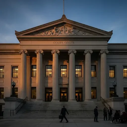 A final shot of a courthouse facade at dusk, signaling a system in motion and the human stakes behind every decision