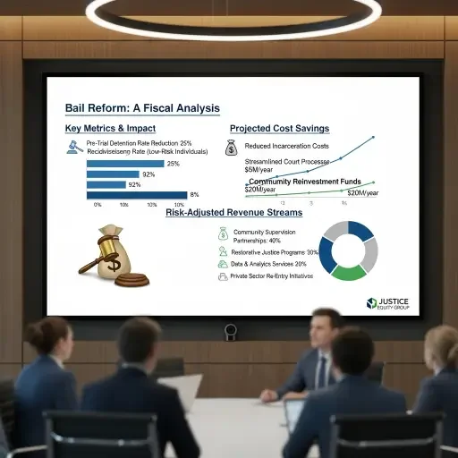 An investor-style briefing—a slide deck with bail reform metrics, projected savings, and risk-adjusted revenue streams
