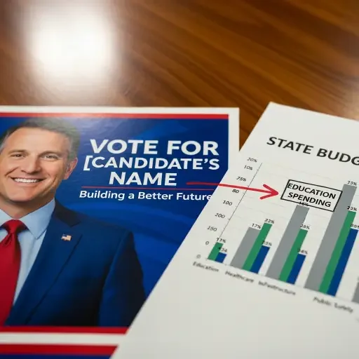Close-up of a campaign flyer juxtaposed with a state budget chart