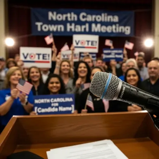 Close-up of a campaign microphone and a sea of supporters in a North Carolina town hall