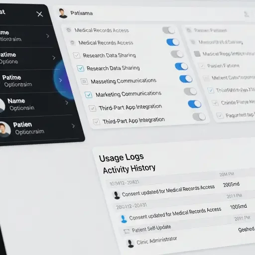 Close-up of a consent-management dashboard showing patient toggles and usage logs