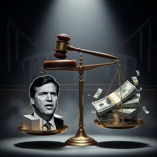 Conceptual illustration of a private auction gavel balanced on a scale, with Tucker on one side and dollar bills on the other, representing the uncomfortable commodification the ruling requires