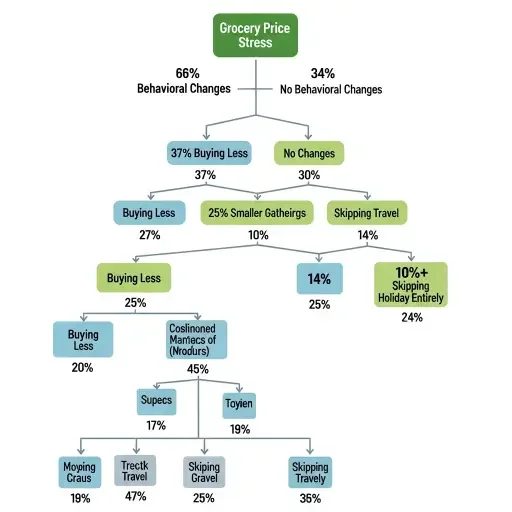 Consumer behavior data showing the cascade from grocery price stress (66% concerned) to behavioral changes (37% buying less, 25% smaller gatherings, 14% skipping travel, 10%+ skipping holiday entirely), visualized as a decision tree with percentages at each branch