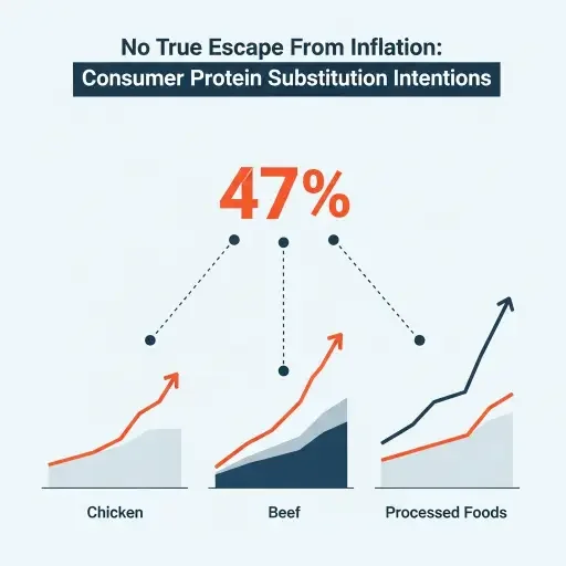 Consumer survey data visualization showing the 47% planning to substitute proteins, with connecting lines to the price trajectories of their intended alternatives (chicken, beef, processed foods), demonstrating no true escape from inflation