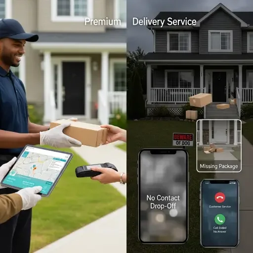 Contrasting split-screen showing left side with premium subscription service featuring white-glove delivery, signature confirmation, and real-time GPS tracking; right side showing basic delivery with no-contact drop-off, missing packages, and unanswered customer service calls