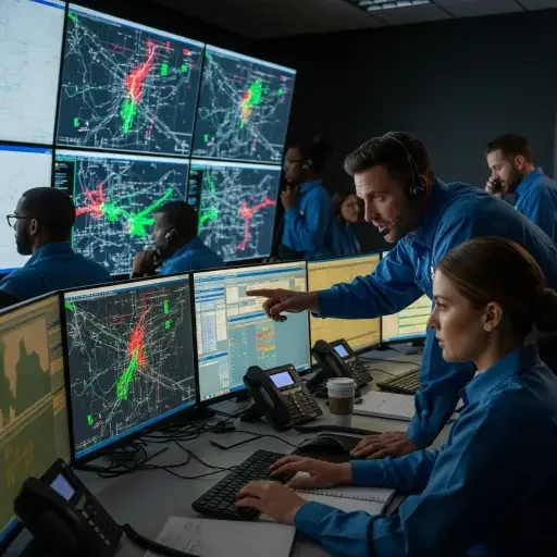 Control room monitors glow with outage maps as technicians coordinate restoration efforts