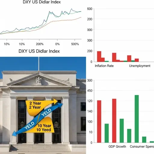 Dual-panel visualization left shows Federal Reserve building with Treasury yield curve inversion alongside dollar index strength