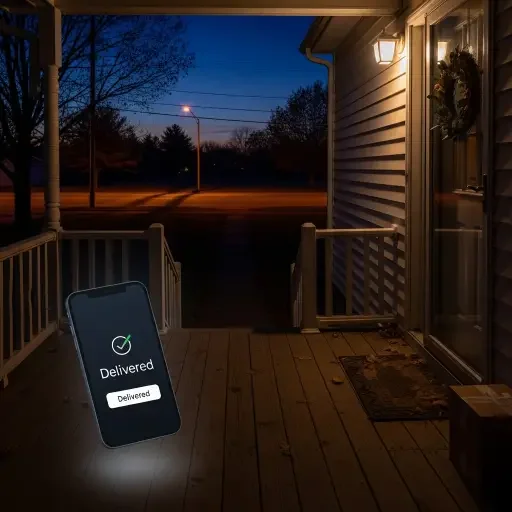 Empty front porch at twilight with smartphone screen floating in foreground showing
