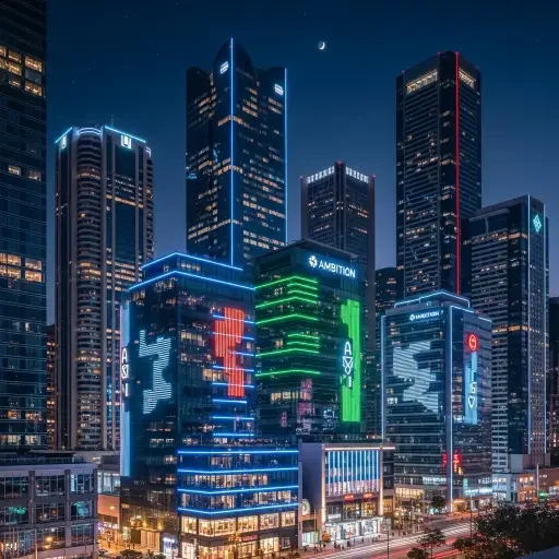 Exterior cityscape at night; a skyline of glass and neon—an emblem of ambition tempered by responsibility