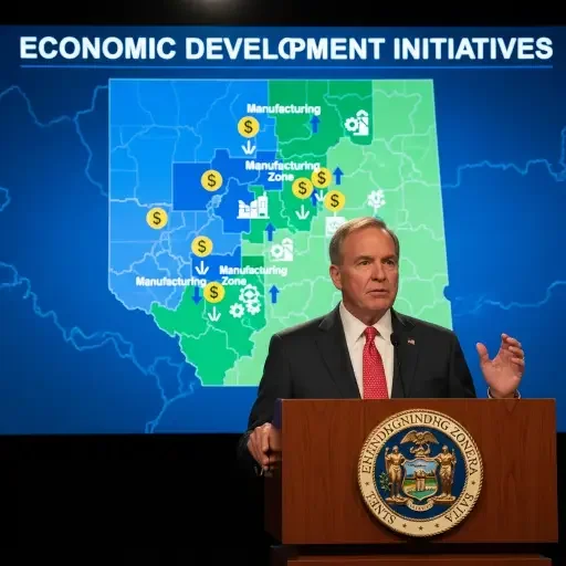 Governor speaking at a podium while a backdrop shows a map of manufacturing zones and tax incentive icons
