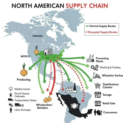 Infographic showing the North American onion supply chain with arrows indicating normal vs disrupted flow patterns, highlighting water shortage impacts in key growing regions of Mexico and Texas.