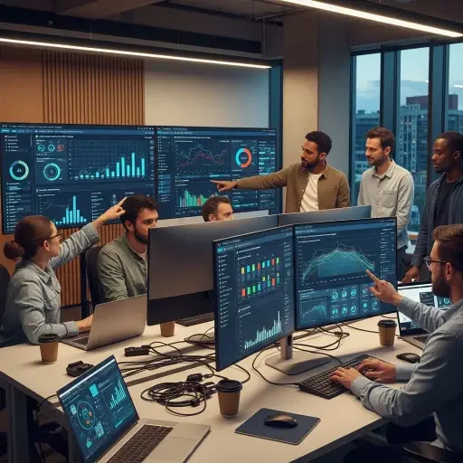 Inside a modern AI lab, developers evaluating model outputs with compliance dashboards