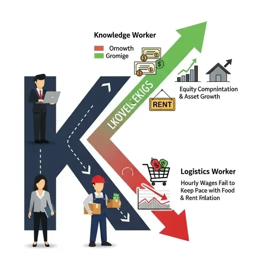 Layered infographic showing K-shaped divergence with upper branch displaying equity compensation and asset growth for knowledge workers, lower branch showing hourly wages failing to keep pace with food and rent inflation for logistics workers